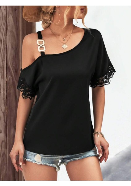 Kadın Tek Omuzu Askılı Kısa Kollu Toka Detaylı Dantelli Viskon Bluz modelleri