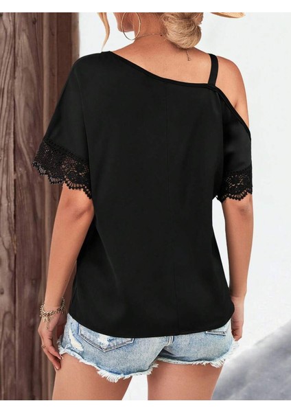 Kadın Tek Omuzu Askılı Kısa Kollu Toka Detaylı Dantelli Viskon Bluz fırsatları