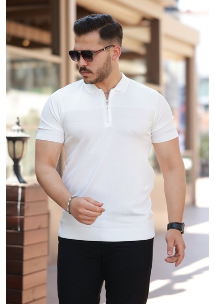 Erkek Göğüs Pirinç Desenli Fermuar Yakalı Kısa Kollu Tişört