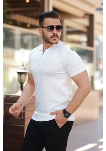 Erkek Göğüs Pirinç Desenli Fermuar Yakalı Kısa Kollu Tişört fiyatları