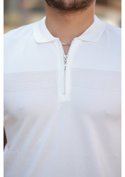 Erkek Göğüs Pirinç Desenli Fermuar Yakalı Kısa Kollu Tişört modelleri