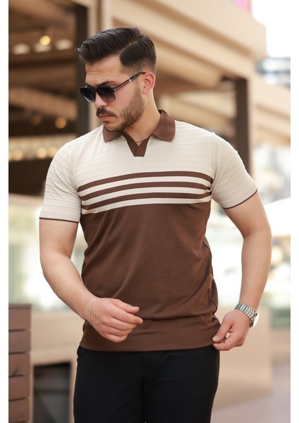Erkek Çizgi Desenli Yakalı Kısa Kollu T-Shirt