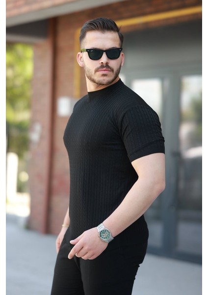 Erkek Bisiklet Yaka Örgü Desenli Kısa Örme Triko Kısa Kollu T-Shirt