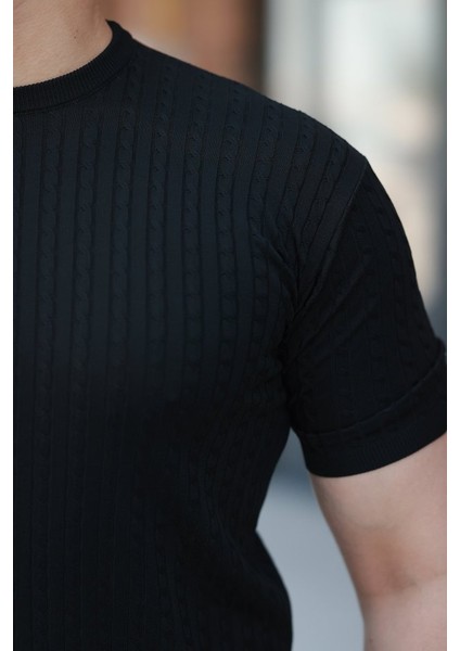 Erkek Bisiklet Yaka Örgü Desenli Kısa Örme Triko Kısa Kollu T-Shirt