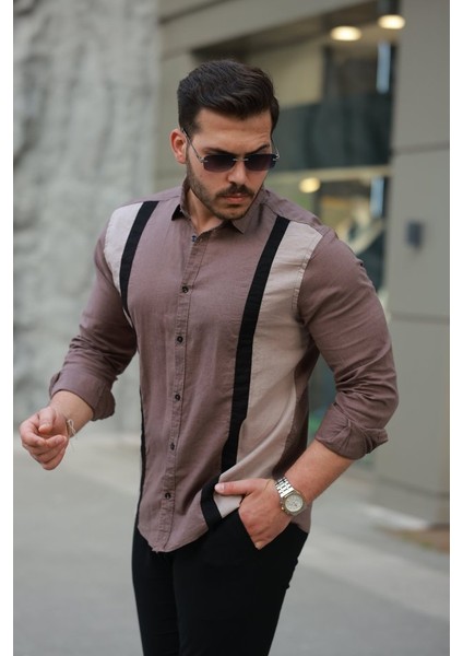 Erkek Şerit Detaylı Uzun Kollu Pamuklu Keten Gömlek