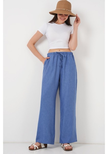 Geniş Paça Keten Pantolon 6735 - Indigo