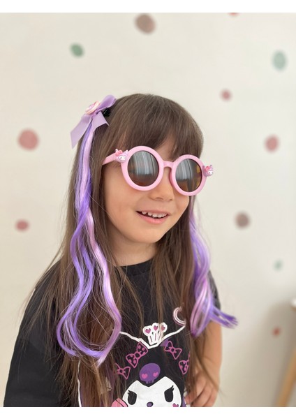 Kuromi Temalı Kız Çocuk Gözlük ve Toka Seti Sevimli Aksesuar Takımı Renkli Peruk Detaylı