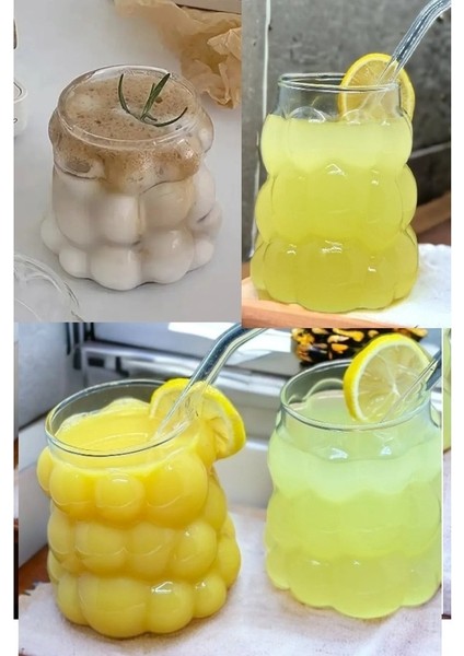 6 Adet Üzüm Kabartmalı Borosilikat Cam Bardak | Sunumluk Pinterest Bubble Bardak | Soğuk Kahve Bardağı