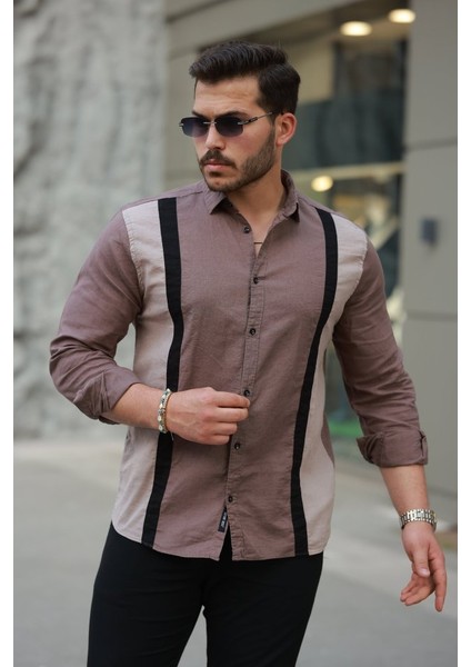 Erkek Şerit Detaylı Uzun Kollu Pamuklu Keten Gömlek fiyatları