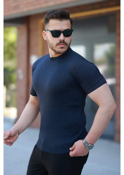 Erkek Bisiklet Yaka Örgü Desenli Kısa Örme Triko Kısa Kollu T-Shirt
