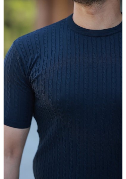 Erkek Bisiklet Yaka Örgü Desenli Kısa Örme Triko Kısa Kollu T-Shirt