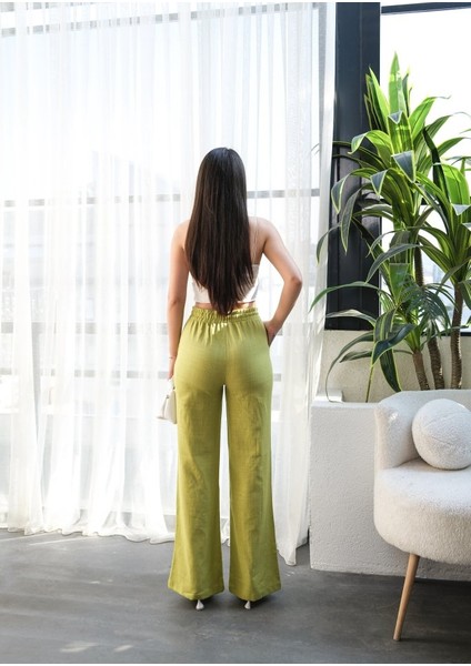 Beli̇ Lasti̇kli̇ ve Bağcikli Keten Pantolon