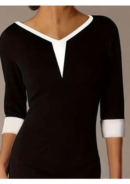 Kadın Truvakar Kol V Yakalı Blok Renkli Kısa Janjan Krep Elbise fiyatları