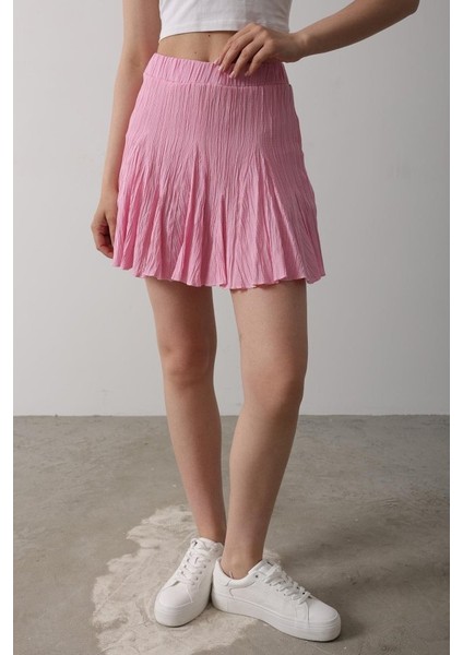 Beli Lastikli Mini Etek - Pembe