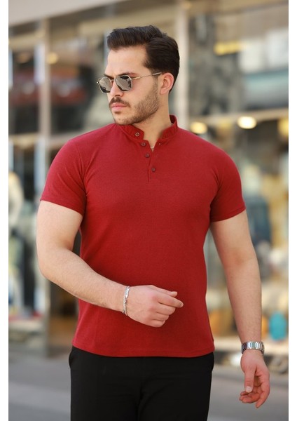 Erkek Hakim Yaka Dokuma Pamuklu Kumaş Kısa Kollu T-Shirt