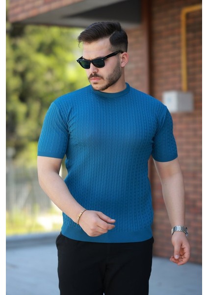 Erkek Bisiklet Yaka Örgü Desenli Kısa Örme Triko Kısa Kollu T-Shirt