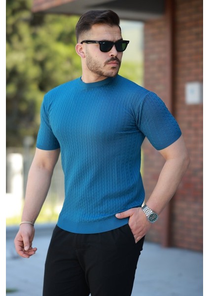 Erkek Bisiklet Yaka Örgü Desenli Kısa Örme Triko Kısa Kollu T-Shirt