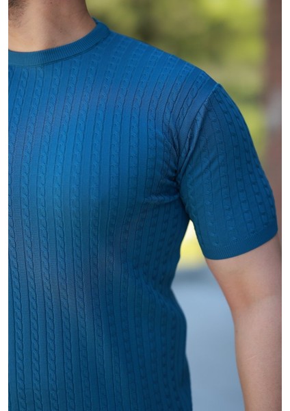 Erkek Bisiklet Yaka Örgü Desenli Kısa Örme Triko Kısa Kollu T-Shirt