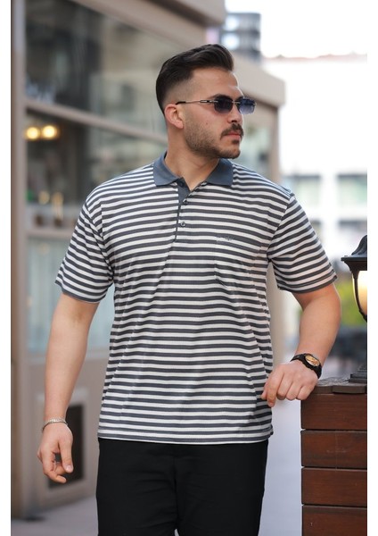 Erkek Yakalı Çizgili Kısa Kollu T-Shirt