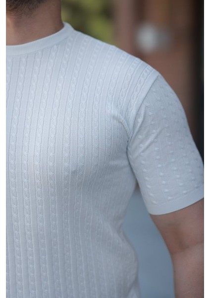 Erkek Bisiklet Yaka Örgü Desenli Kısa Örme Triko Kısa Kollu T-Shirt modelleri