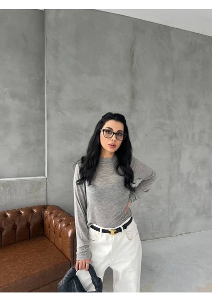 Bisiklet Yaka Uzun Kollu Crop - Gri