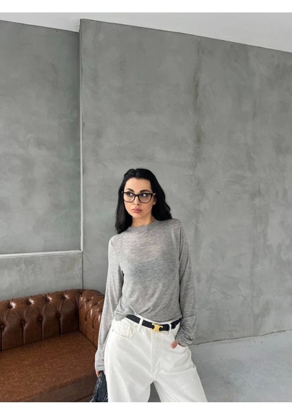 Bisiklet Yaka Uzun Kollu Crop - Gri