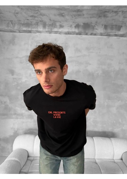 Ön ve Arka Baskılı Oversize Bisiklet Yaka T-Shirt- Siyah modelleri