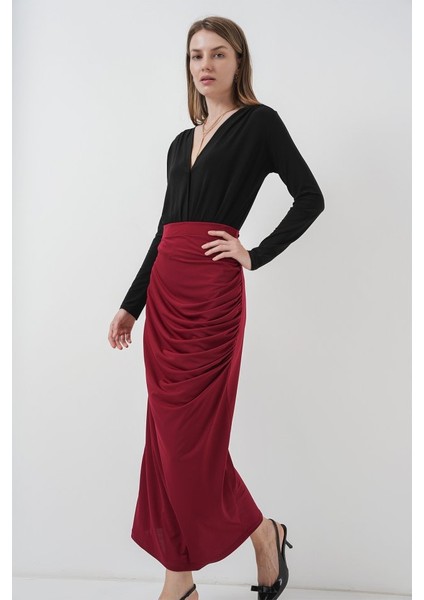 8035 Büzgülü Midi Etek - Bordo modelleri