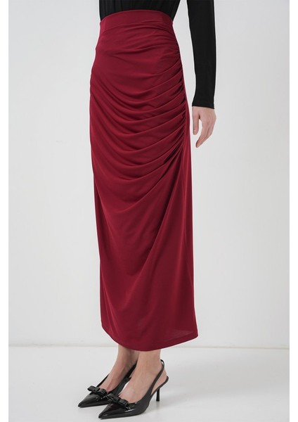 8035 Büzgülü Midi Etek - Bordo fırsatları