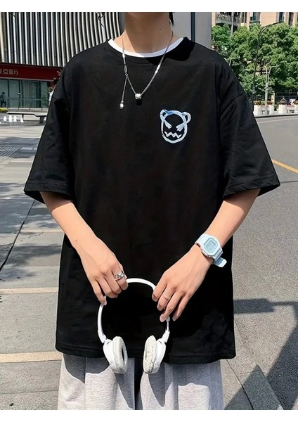 Baskılı Oversize Bisiklet Yaka T-Shirt - Siyah