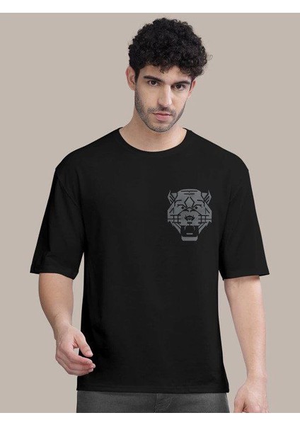 Erkek Baskılı Oversize T-Shirt - Siyah