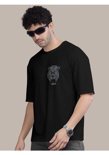 Erkek Baskılı Oversize T-Shirt - Siyah