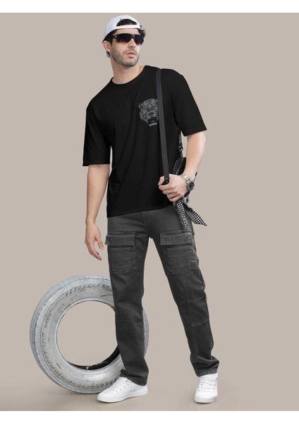 Erkek Baskılı Oversize T-Shirt - Siyah