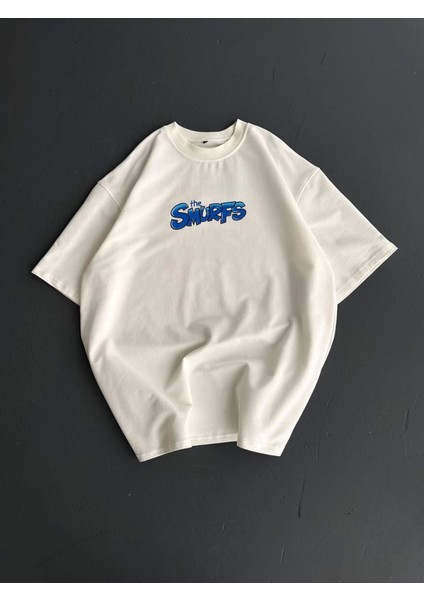 Ön ve Arka Baskılı Oversize Bisiklet Yaka T-Shirt- Beyaz