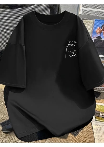 Baskılı Oversize Bisiklet Yaka T-Shirt - Siyah