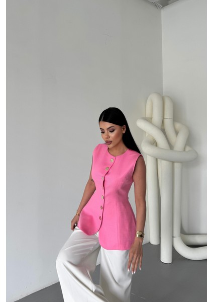 Keten Yelek Belden Oturtmalısıralı Düğme Detaylı - Pembe modelleri