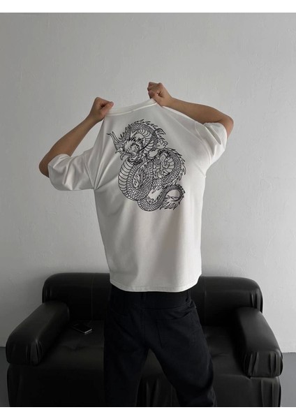 Baskılı Oversize Bisiklet Yaka T-Shirt - Beyaz fırsatları