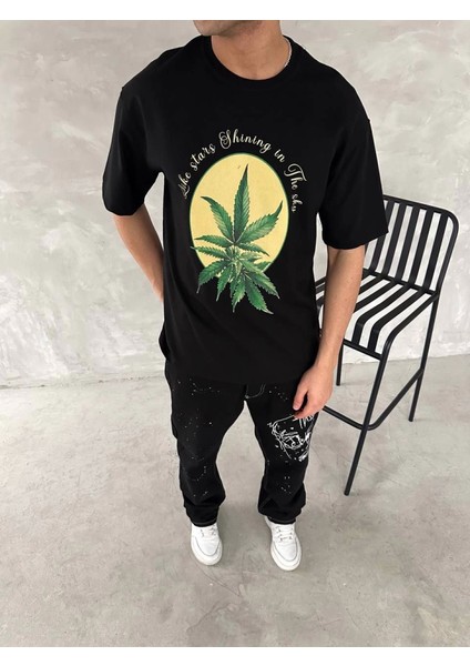 Ön ve Arka Baskılı Oversize Bisiklet Yaka T-Shirt- Siyah