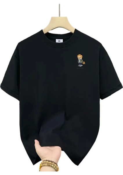 Baskılı Oversize Bisiklet Yaka T-Shirt - Siyah