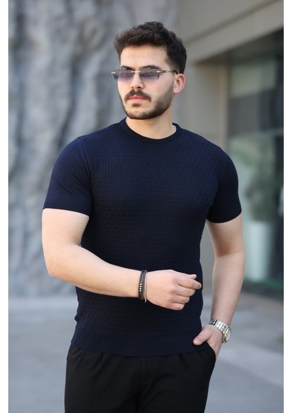 Erkek Viskon Kumaş Bisiklet Yaka Desenli Tişört
