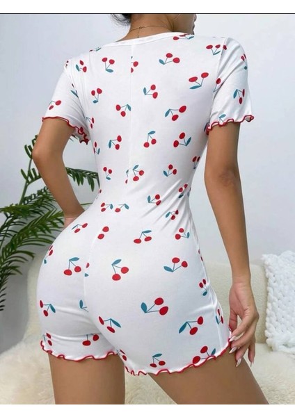 Kadın Göğüs Dekolteli Pinterest Kiraz Desen Full Likralı Şort Tulum