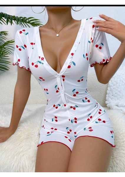Kadın Göğüs Dekolteli Pinterest Kiraz Desen Full Likralı Şort Tulum