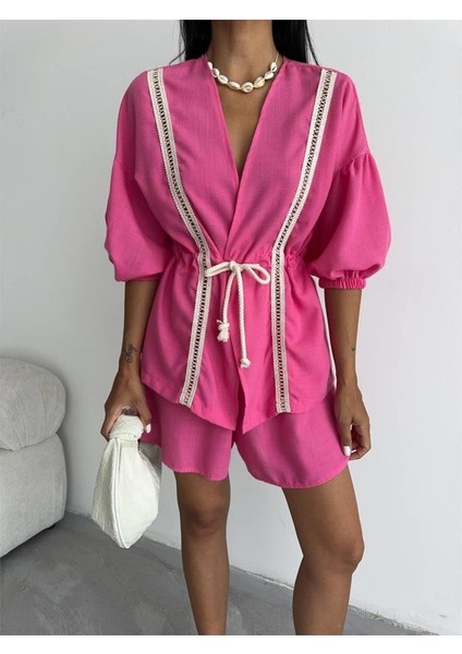 Keten Bel Büzgülü Bluz-Pantolon Takım - Fuşya fırsatları