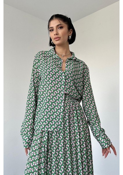 Desenli Viskon Gömlek ve Etek Takım - Yeşil fiyatları