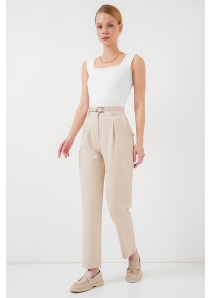 Pileli Kemerli Kumaş Pantolon 6725 - Krem