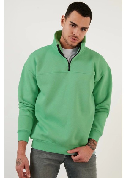 Oversize Yarım Farmuarlı Yakalı Basic Sweatshirt - Yeşil