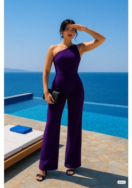 Kadın Tek Omuz Acık Detaylı Scuba Tulum Elbise