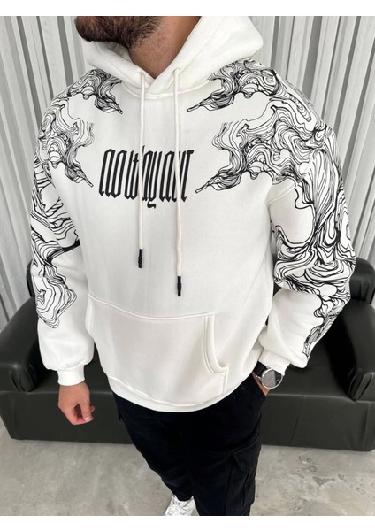 Kapşonlu Üç Iplik Baskılı Sweatshirt - Beyaz