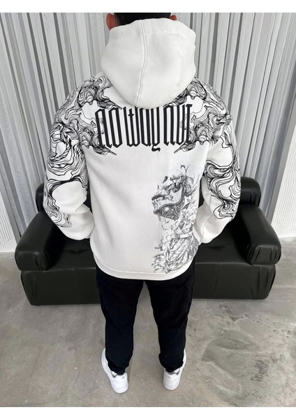 Kapşonlu Üç Iplik Baskılı Sweatshirt - Beyaz
