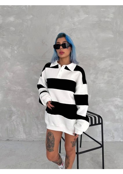 Unisex Üç Iplik Parçalı Yakalı Sweatshirt - Siyah
